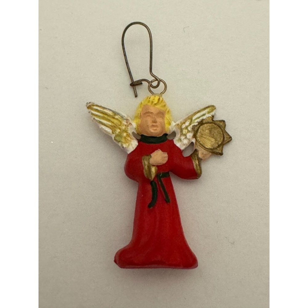Vintage Christmas Earrings Angels Tambourine Red Robe White Wings MCM Holidays - Picture 3 of 4